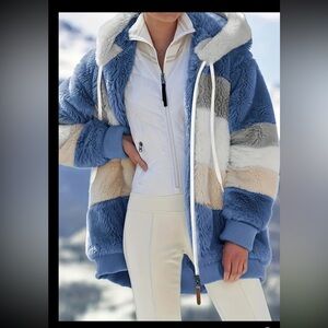 Blue & Cream Faux Fur Hooded Jacket - Women's Plush Coat